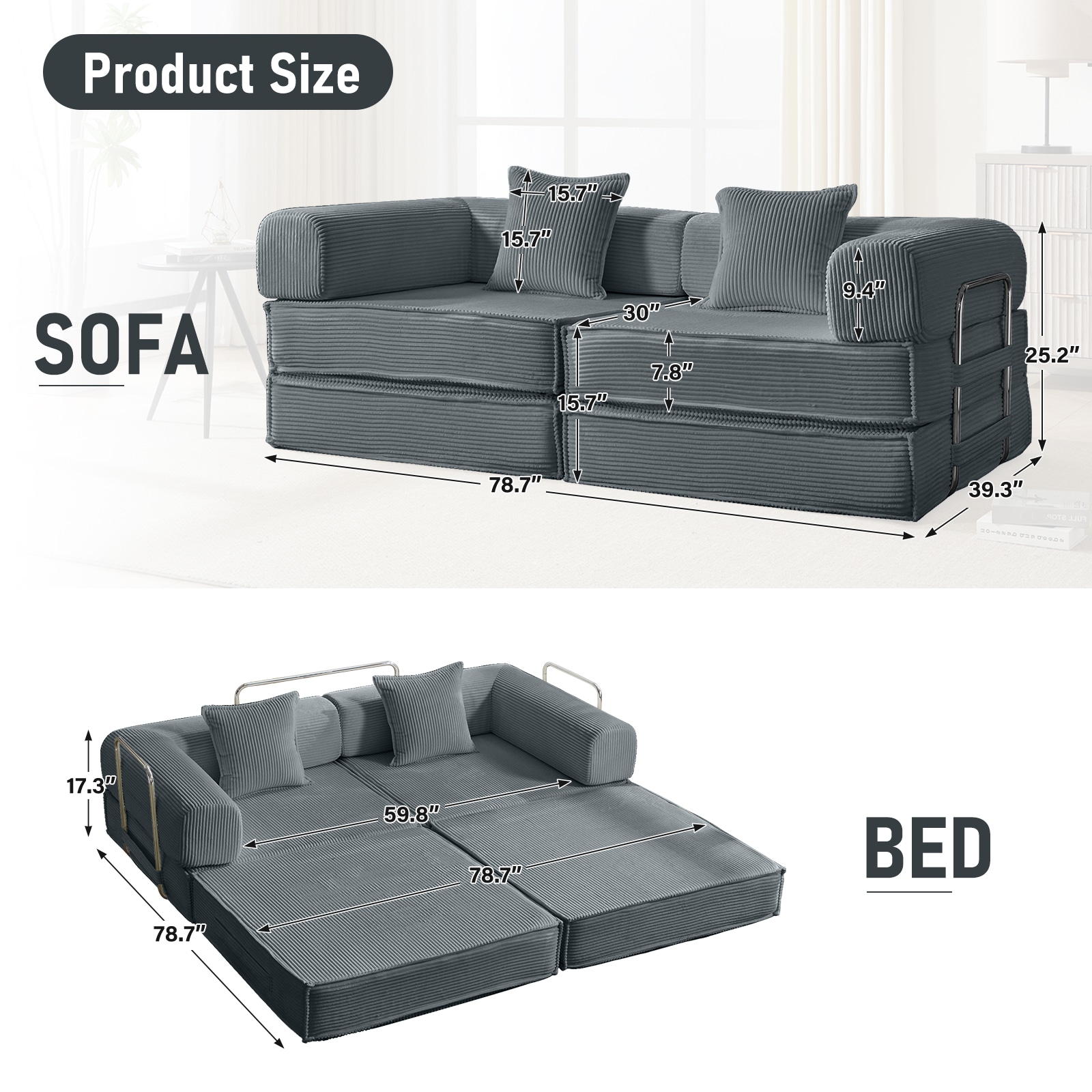 Convertible Sleeper Sofa Bed Grey Modular Corduroy Couch 2 Pillows_voghion.com
